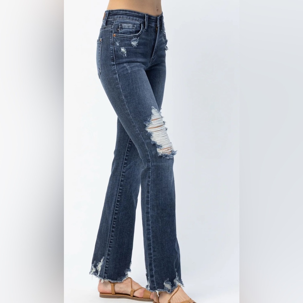 NWT - Judy Blue - Mid-Rise Dark Destroy Slim Bootcut Denim Jeans - Size 24W - Picture 2 of 6